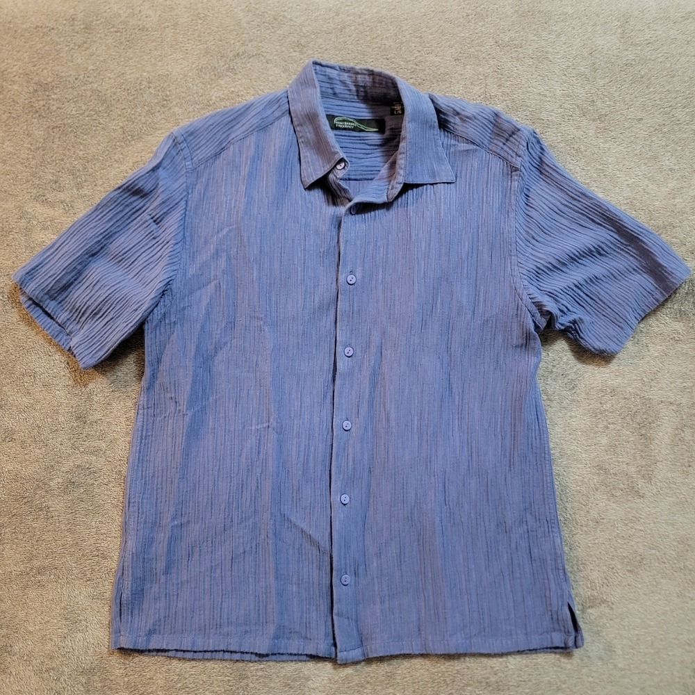 Jhane Barnes Frequency Silk Blend Mens L Blue Ripple Texture Short Sleeve Shirt